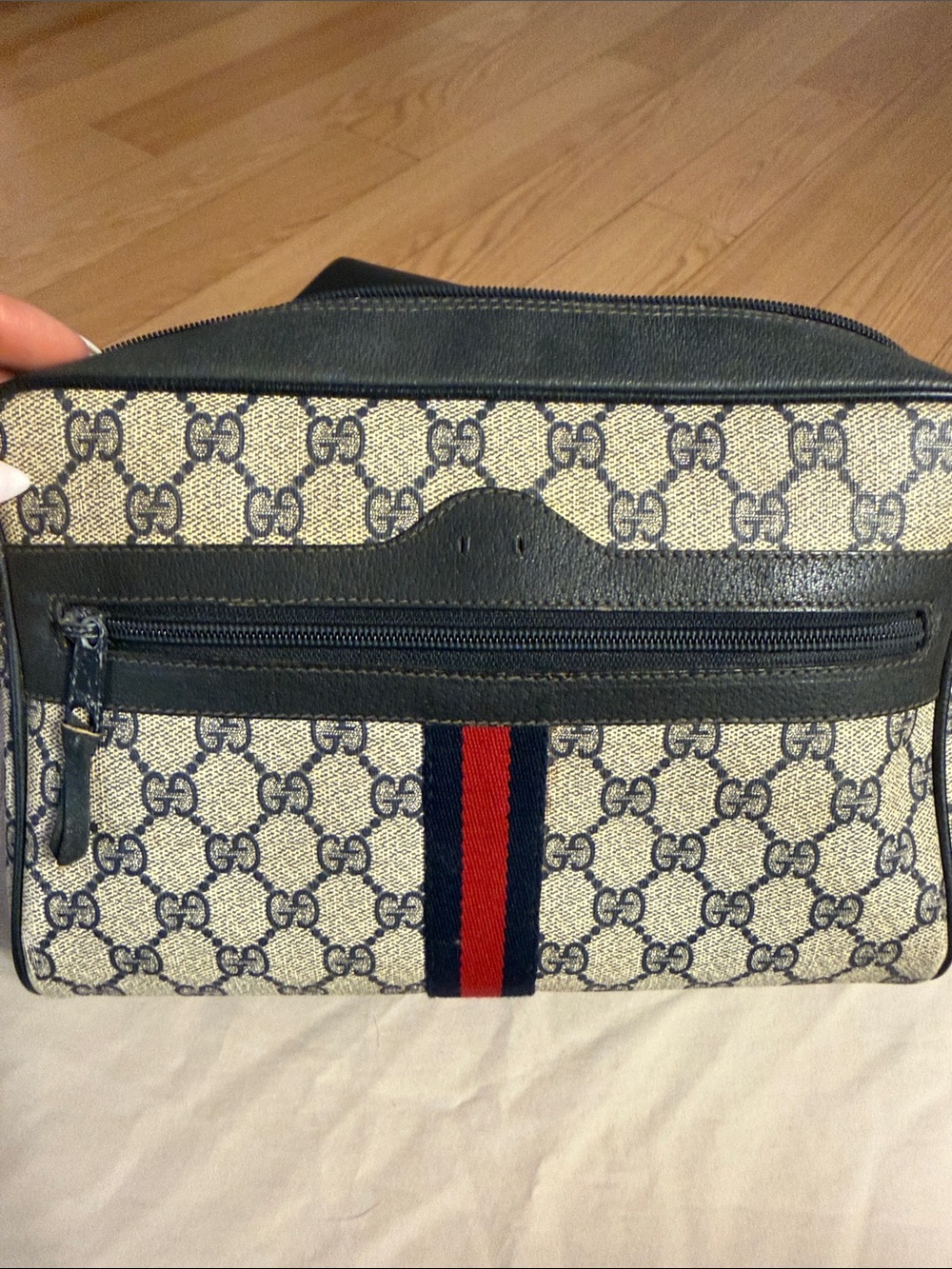 Gucci Beige GG Canvas Bag with Navy Trim and Red Stripe
